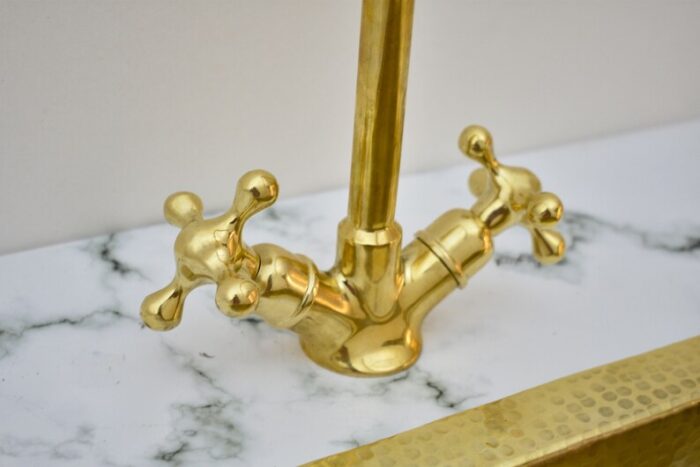 Unlacquered Brass Top Mount Gooseneck Kitchen Faucet Double Handle Kit