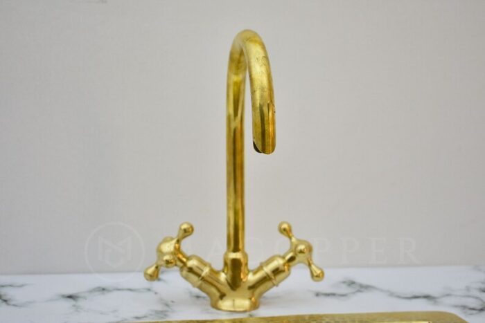 Unlacquered Brass Top Mount Gooseneck Kitchen Faucet Double Handle Kit