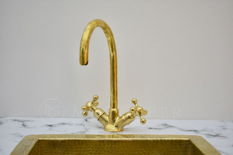 Unlacquered Brass Top Mount Gooseneck Kitchen Faucet Double Handle Kit