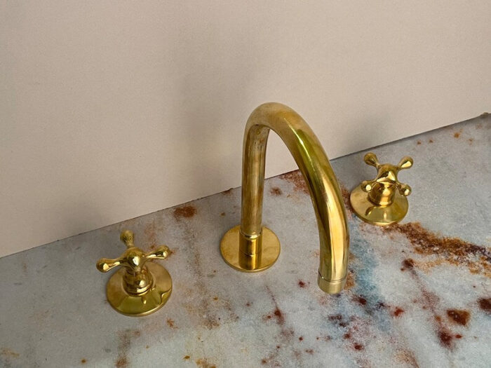 Brass Three Hole Cross Handle Bathroom Faucet, Unlacquered Brass 3 hol