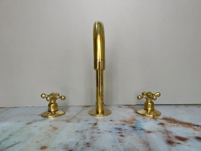 Brass Three Hole Cross Handle Bathroom Faucet, Unlacquered Brass 3 hol