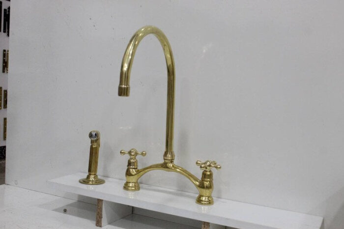 8" Arched Bridge, Polished Unlacquered brass kitchen faucet, Cross Han