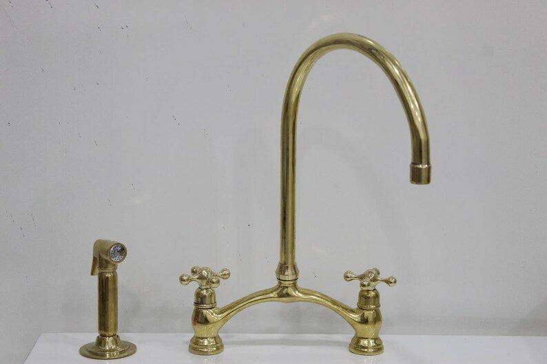 8" Arched Bridge, Polished Unlacquered brass kitchen faucet, Cross Han