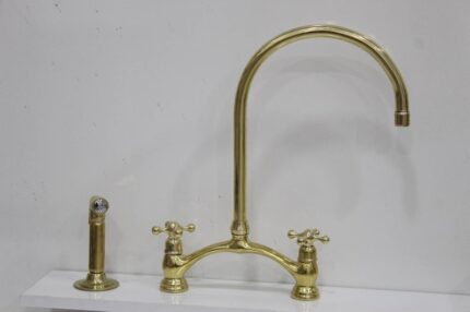 8" Arched Bridge, Polished Unlacquered brass kitchen faucet, Cross Han