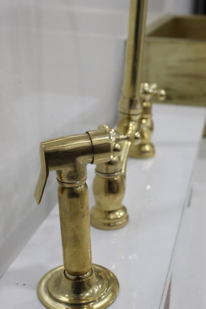 8" Arched Bridge, Polished Unlacquered brass kitchen faucet, Cross Han