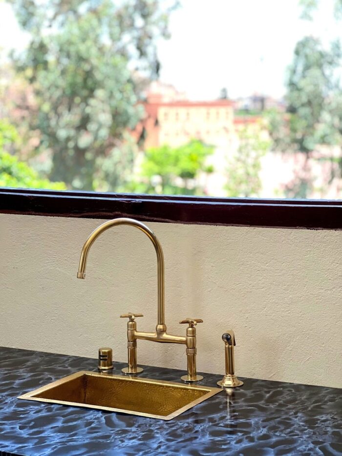 Solid Brass 8" Bridge Kitchen Faucet Straight Legs, Unlacquered Brass